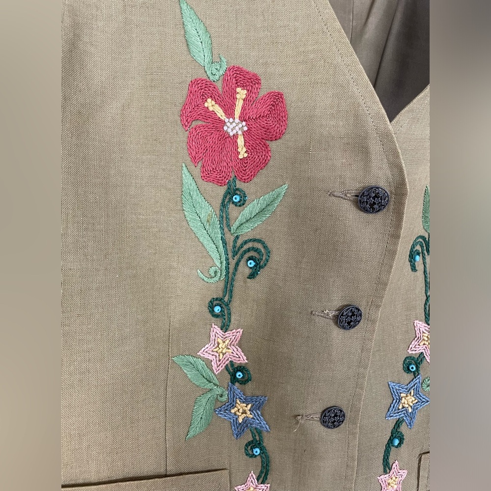 Vintage Banana Republic Linen Floral Embroidered Vest Beaded Sz Medium - Picture 7 of 14